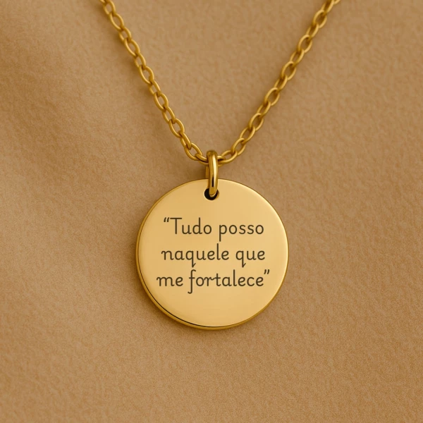 Pingente "Tudo Posso Naquele que me Fortalece" para colar - Redondo Dourado/Prata