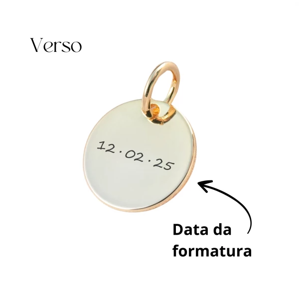 Pingente de Formatura Personalizado Dourado - Nome do Curso e Data - Formato Redondo para Pulseira