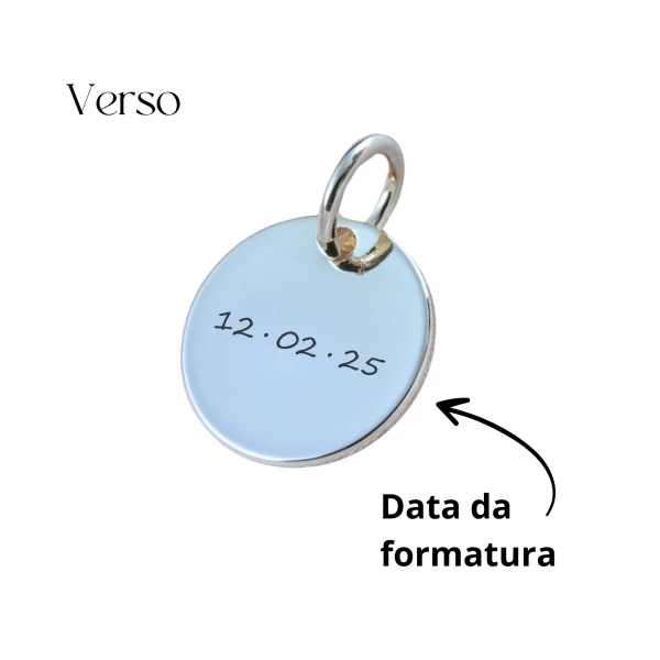 Pingente de Formatura Personalizado Prata - Nome do Curso e Data - Formato Redondo para Pulseira