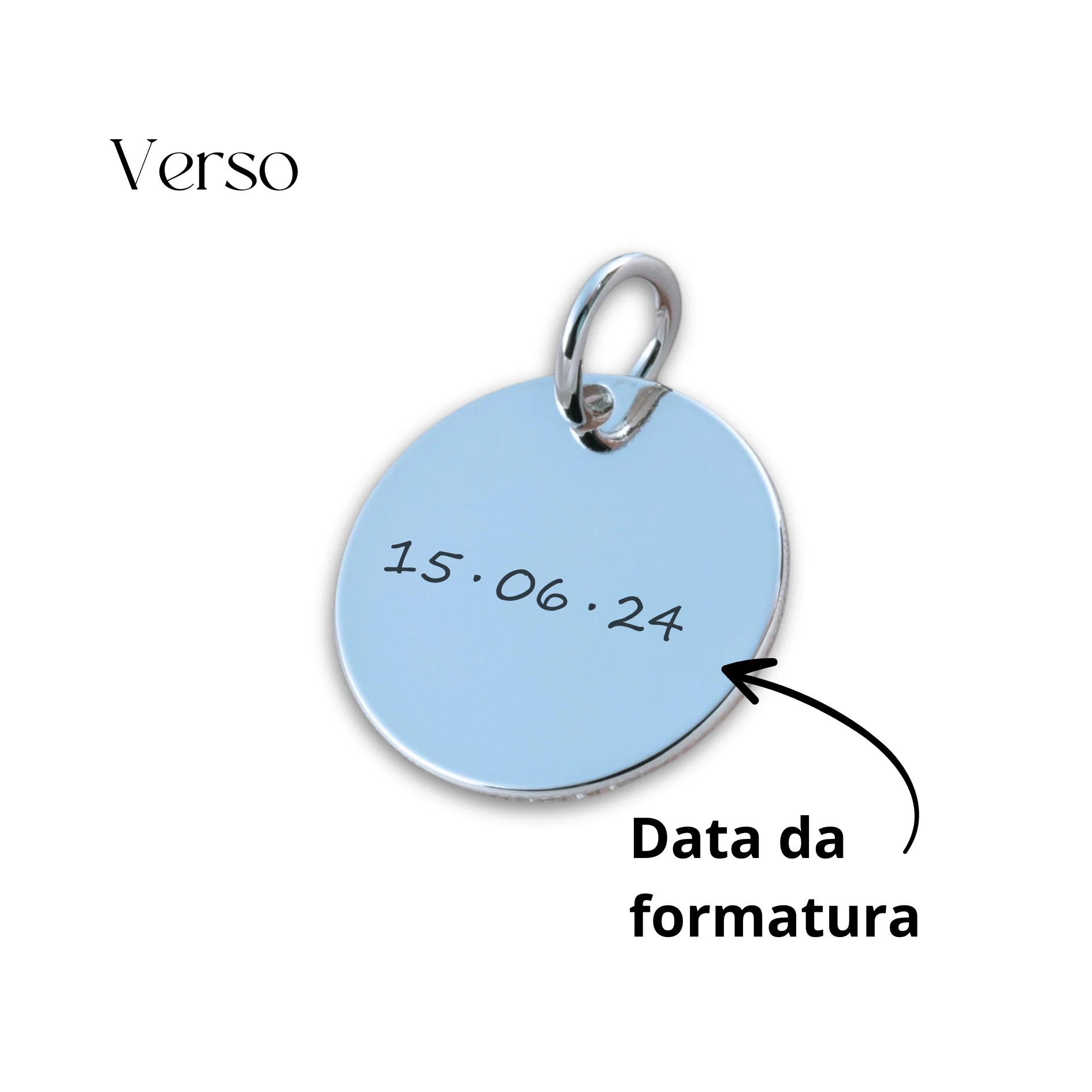 Pingente de Formatura Personalizado Prata - Nome do Curso e Data - Formato Redondo para Colar