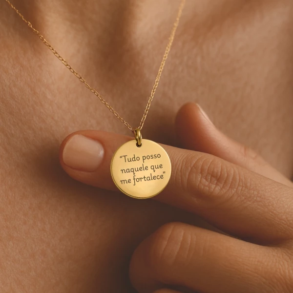 Pingente "Tudo Posso Naquele que me Fortalece" para colar - Redondo Dourado/Prata